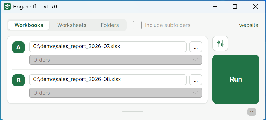 The Hogandiff window with two workbooks selected and a Run button