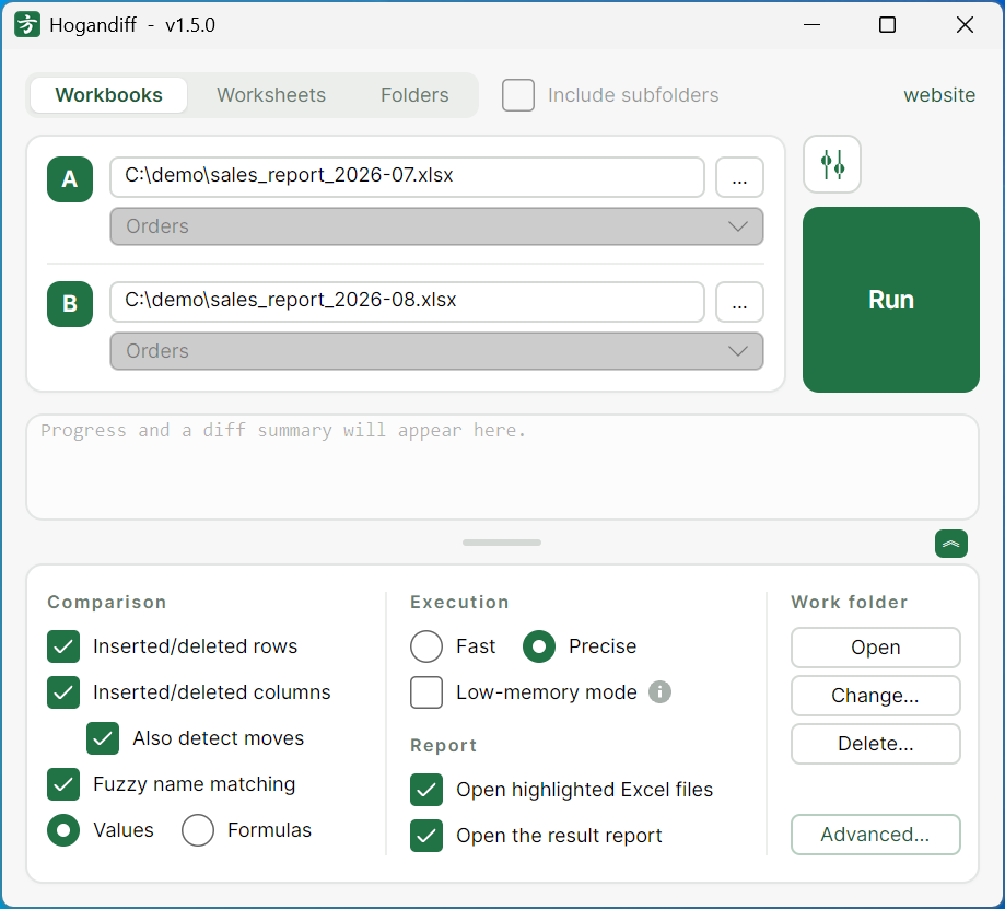 The Hogandiff window with the options panel opened